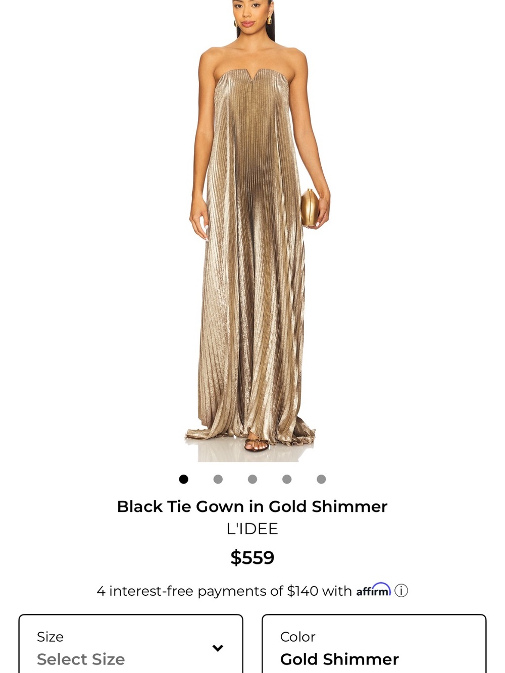 Strapless Metallic Gold Pleated Maxi Dress L’IDEE black tie gown in gold shimmer - Picture 3 of 7